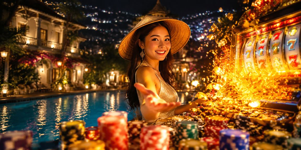 Người chơi đội nón lá trải nghiệm slot game tại Đà Lạt trong không gian tươi mát và sôi động