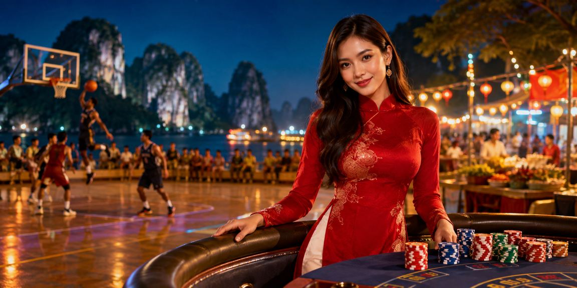 Người dùng mặc áo dài tại Vịnh Hạ Long theo dõi kết quả cá cược bóng rổ trực tuyến