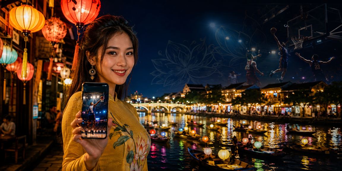 Người dùng tại chợ đêm Hội An theo dõi cá cược bóng rổ trực tuyến trong không khí nhộn nhịp